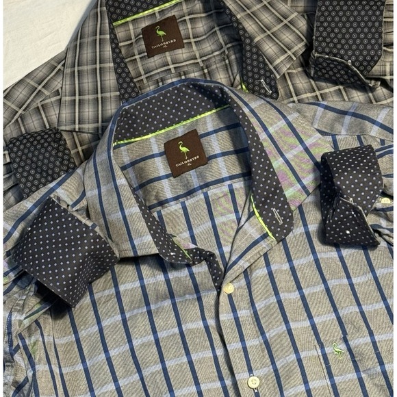 TAILORBYRD Contrast Cuff Long Sleeve Cotton Plaid Pocket Logo‎ Grey Blue SZ XL - Picture 1 of 11